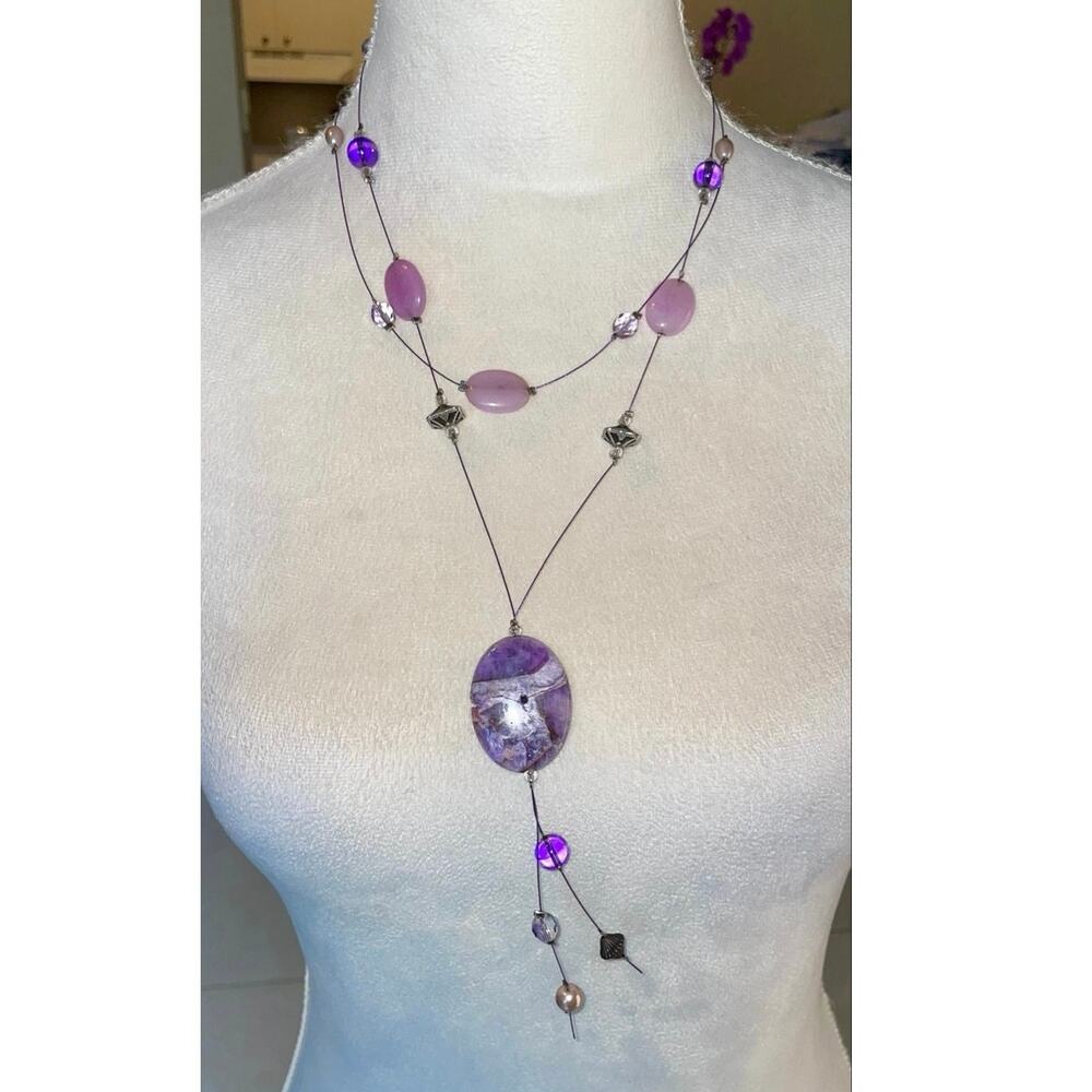 VINTAGE 90s/Y2K PURPLE FLOATING BEAD LARIAT STATEMENT NECKLACE